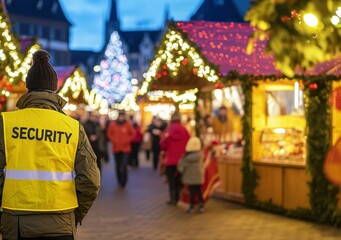Fototapeta premium Security guard overseeing a festive holiday market with illuminated stalls and decorations.