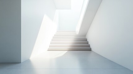 A minimalist interior featuring a staircase illuminated by natural light.