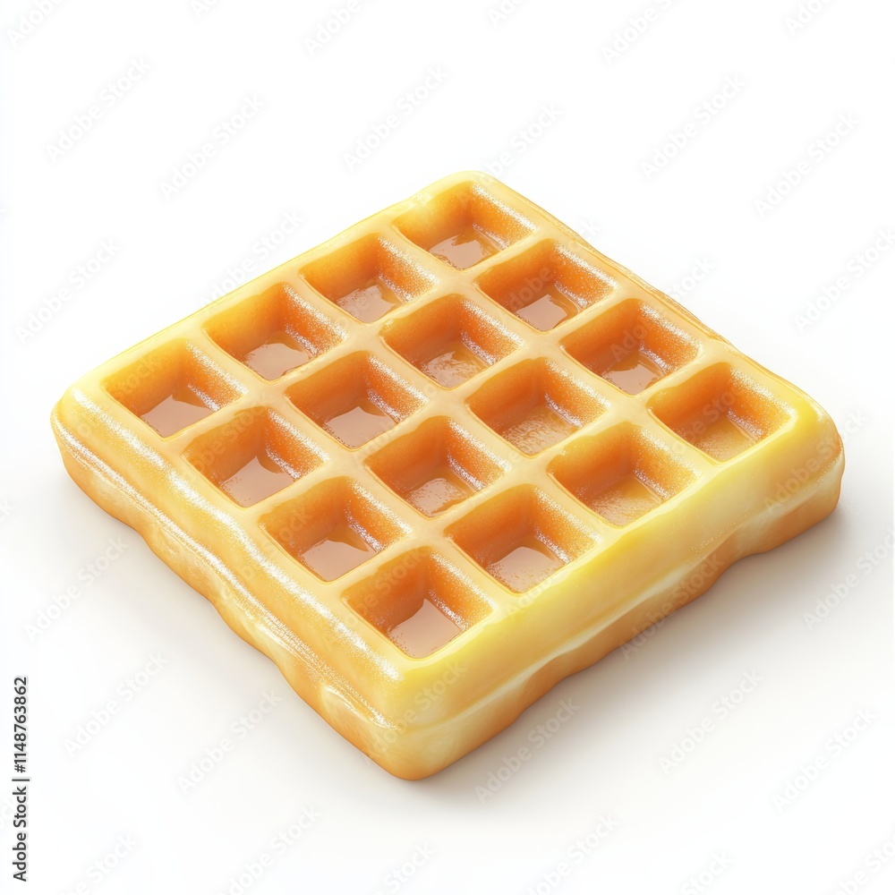 Poster a detailed 3d rendering of a fluffy rectangular waffle with realistic buttery gloss, isolated on whi