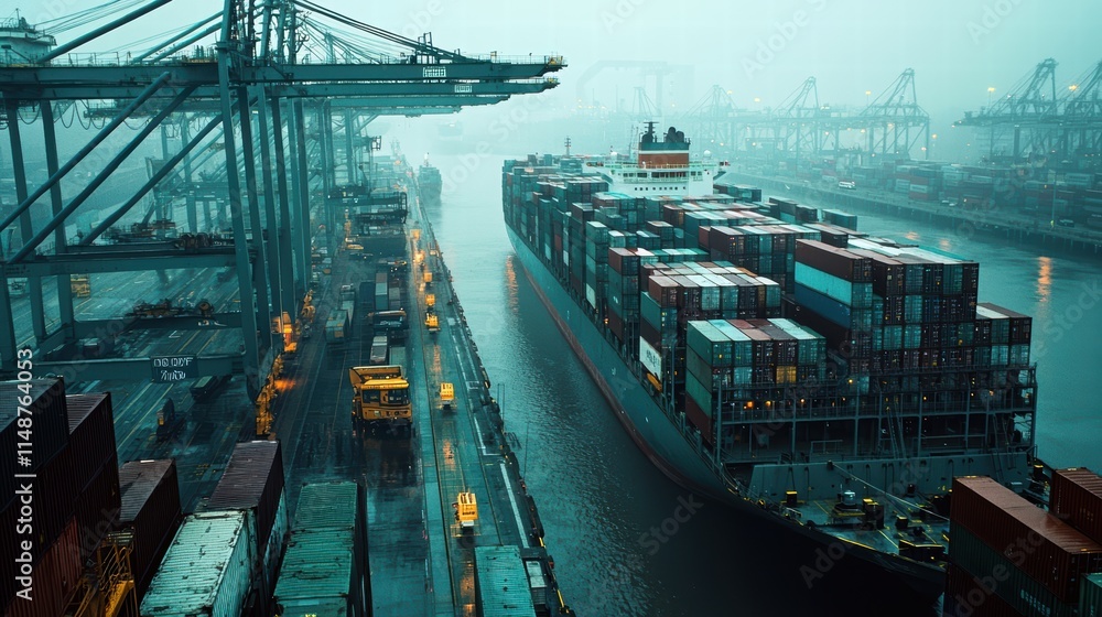 Poster a misty evening at the shipping port with a cargo ship unloading containers.
