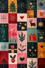 Festive geometric pattern with abstract Christmas tree, vibrant colors, and holiday symbols