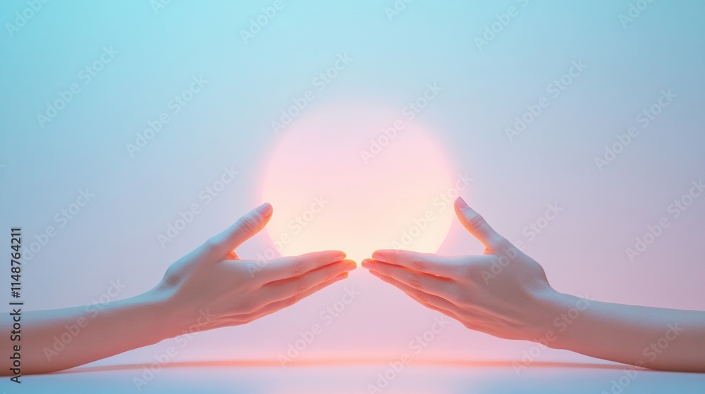 Aufkleber Minimalist Hands Gesturing Toward Abstract Pastel Sphere in Soft Gradient Background
