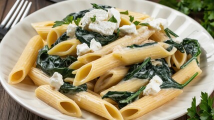 Penne pasta with spinach and feta cheese. Pasta is cooked al dente and drizzled with cream sauce. Spinach is cooked and mixed with pasta. Sprinkle feta cheese on top. Garnish with parsley.