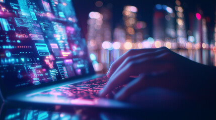 Hands Typing on Laptop with Holographic Financial Overlay