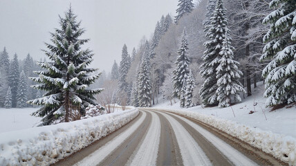 Snowy road through winter forest