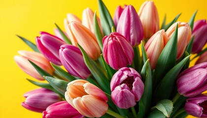 Obraz premium Vibrant Tulip Bouquet in Bright Yellow Background for Spring Decor, floral background, copy space, Women's Day, Mother's Day, Wedding, Valentine's Day, birthday