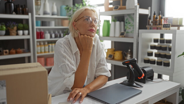 Blonde woman with short hair in glasses contemplating at a home decor store counter surrounded by shelves of decorative items