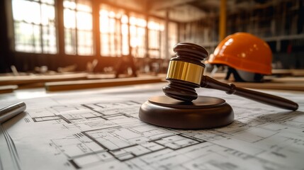 A gavel on blueprints with a construction helmet in the background.