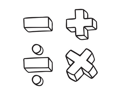 math symbols, divide and multiply, minus and plus doodle hand drawn icon. Outline drawing mathematical operations line clipart symbol