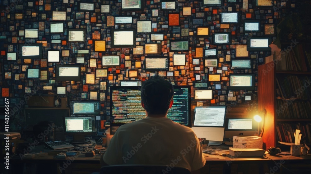 Poster indoor photo of a man software developer sits at a computer, around him a code of numbers and letter