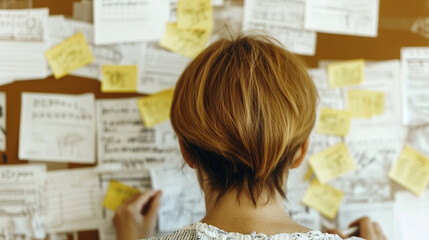 Businesswoman organizing notes and ideas on a pinboard, using sticky notes and documents, seen from behind