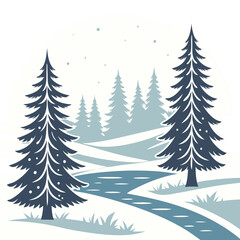 A peaceful, magical winter landscape vector clipart featuring snowy scenes, trees, and whimsical details.