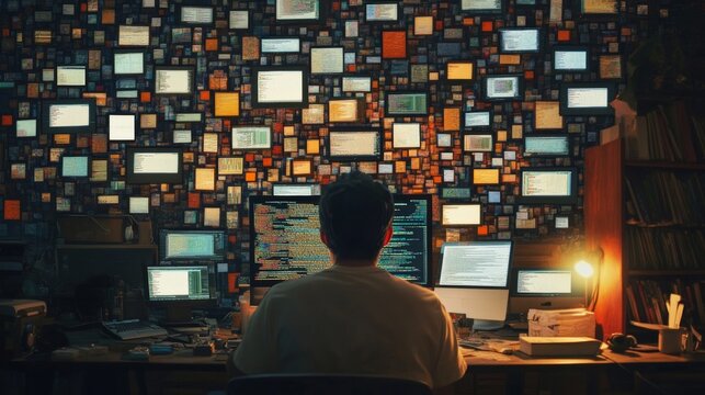 Indoor photo of a man software developer sits at a computer, around him a code of numbers and letters