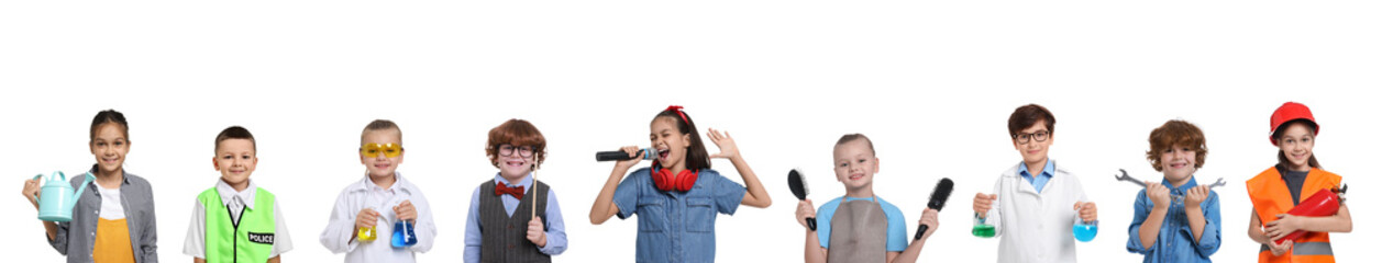 Future profession. Cute children copying people from different occupations on white background