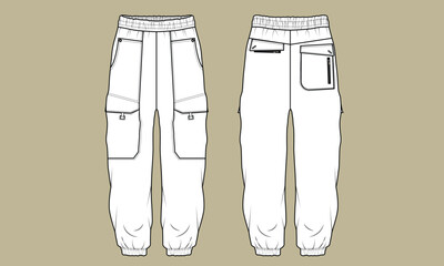Men's Technical Fashion Flat sketch of cargo jogger pants, showing pockets and seams for design purposes. front and back view.