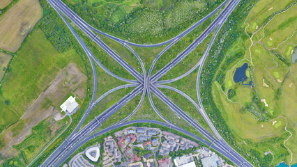 Raod, highway, flyover road junction - spaghetti and roundabout looking down aerial view from...