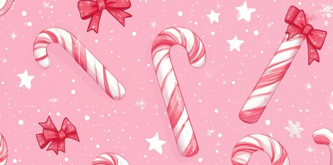 Festive candy cane pattern with large red bows and stars on a playful pink background. A joyful Christmas-themed 