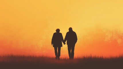 Fototapeta premium Silhouette of an elderly couple walking hand in hand at sunset, surrounded by warm tones and a peaceful atmosphere.
