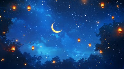 Naklejka premium Night Sky Illuminated by Lanterns and Crescent Moon