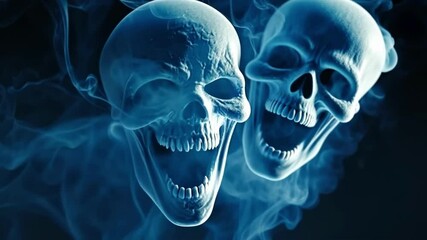 Moody blue skulls emanate a chilling vibe in a dark environment