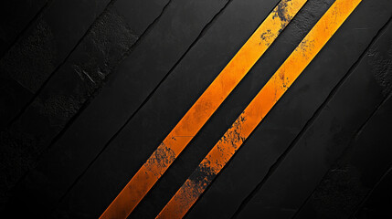 Black grunge texture intersected by diagonal vibrant orange striped lines moving upward