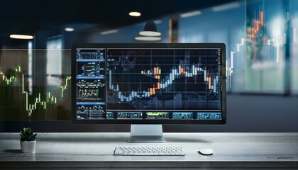 Fototapeta premium Trading monitor with high resolution stock chart screen showing various technical indicators and candlestick patterns