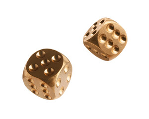 Two golden dice in air on white background