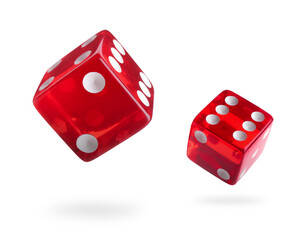 Two red dice in air on white background
