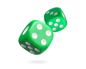 Two green dice in air on white background