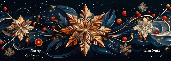 Festive Christmas greeting card with colorful snowflakes and berries on a sparkling blue background