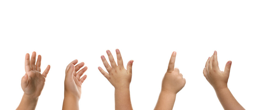 Kids showing hands on white background, closeup