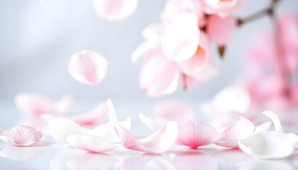 A soft-focus background featuring delicate pastel-colored petals scattered gracefully, creating a dreamy and serene atmosphere, perfect for floral themes.