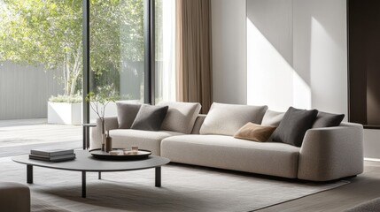 Fototapeta premium Modern minimalist living area with clean, elegant decor. Featuring sleek lines and muted hues