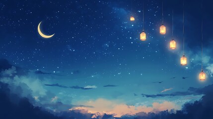 Naklejka premium Night Sky Lanterns Crescent Moon Starry Cloudscape