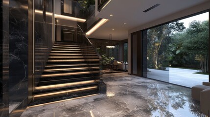 Fototapeta premium Elegant modern interior featuring a staircase and large windows with outdoor views.