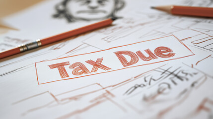 Tax due sketch with paperwork and pencils