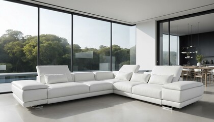 "A modern living room with a large, white leather sectional sofa, a sleek glass coffee table, and floor-to-ceiling windows offering stunning views of a lush green landscape."
