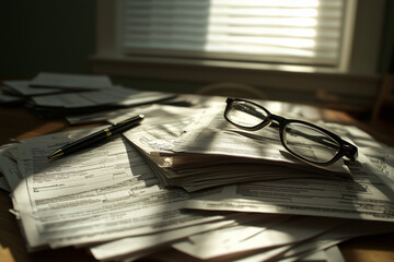 Stack of tax documents with glasses and pen on a desk