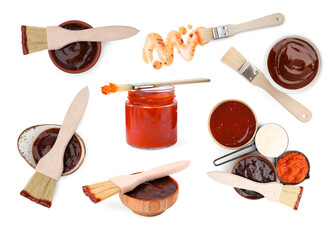 Marinade and basting brushes isolated on white, collage