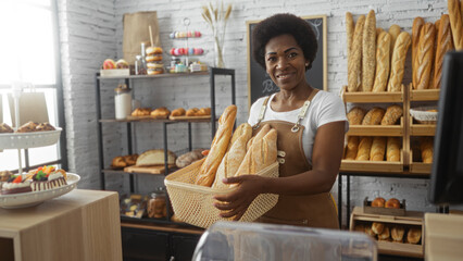 Woman standing in bakery holding basket of fresh bread, surrounded by various baked goods with shelves in background