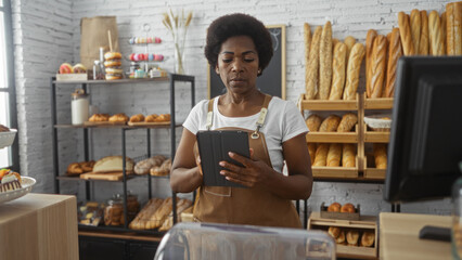 Woman working in a bakery with bread in the background, holding a tablet, showcasing a busy shop environment.