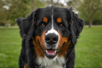 Bernese Mountain Dog on Windsor Long Walk looking happy at the camera