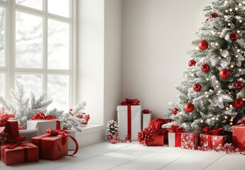 Elegantly decorated Christmas scene with festive white tree and red baubles against a minimalistic backdrop. 