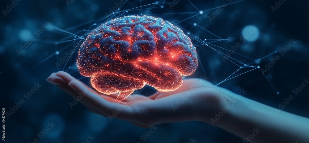 Poster a glowing brain held in a hand, symbolizing knowledge and innovation.