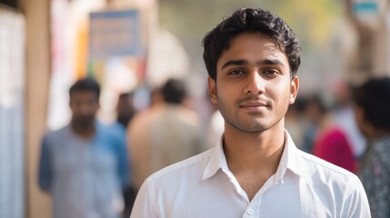 Young Indian Man in Line for Public Service Exam Registration with Blurred Office Backdrop