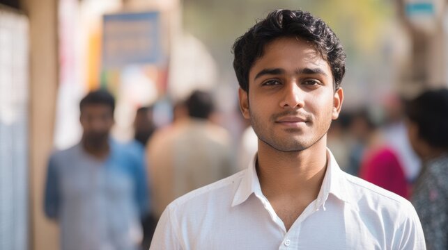 Young Indian Man in Line for Public Service Exam Registration with Blurred Office Backdrop