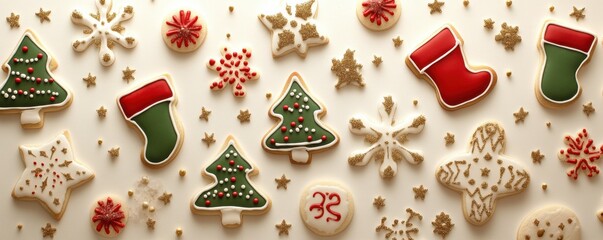 Festive Christmas cookies featuring stockings and a Christmas tree on white background, perfect for holiday baking and decoration inspiration