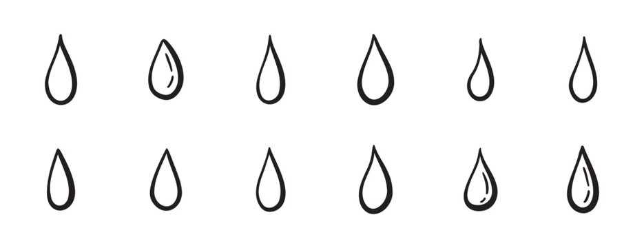Doodle water drops hand drawn outline different shapes. sketch vector illustration of droplets. Outline tears