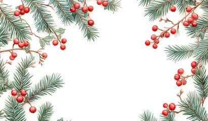 Festive Christmas garland border with red berries, pine cones, and green fir branches on a white background