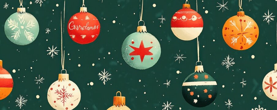 Vintage Christmas ornaments and festive patterns on a dark green background with a touch of nostalgia